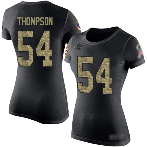 Carolina Panthers Black Camo Women Shaq Thompson Salute to Service NFL Football #54 T Shirt